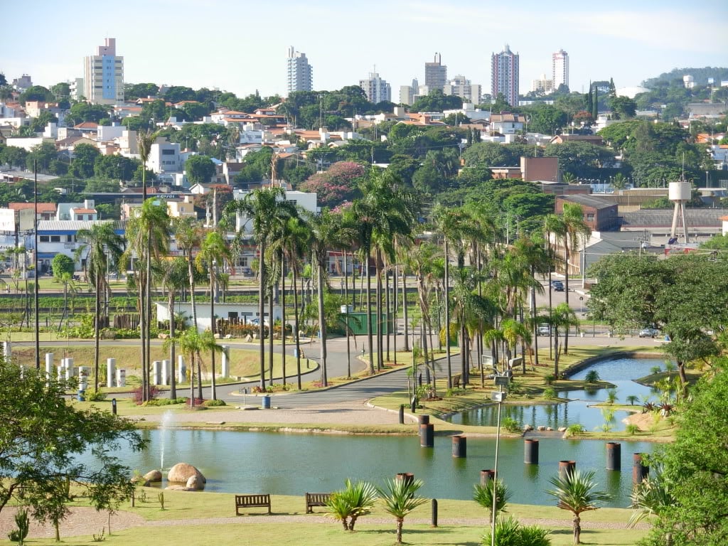 Imagem da cidade de Jundiaí, com umlago cercado de palmeiras e bancos de madeira. No fundo, prédios e casas sob um céu claro